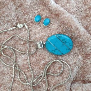 24 inch 925 silver necklace with turquoise pendant and matching earrings